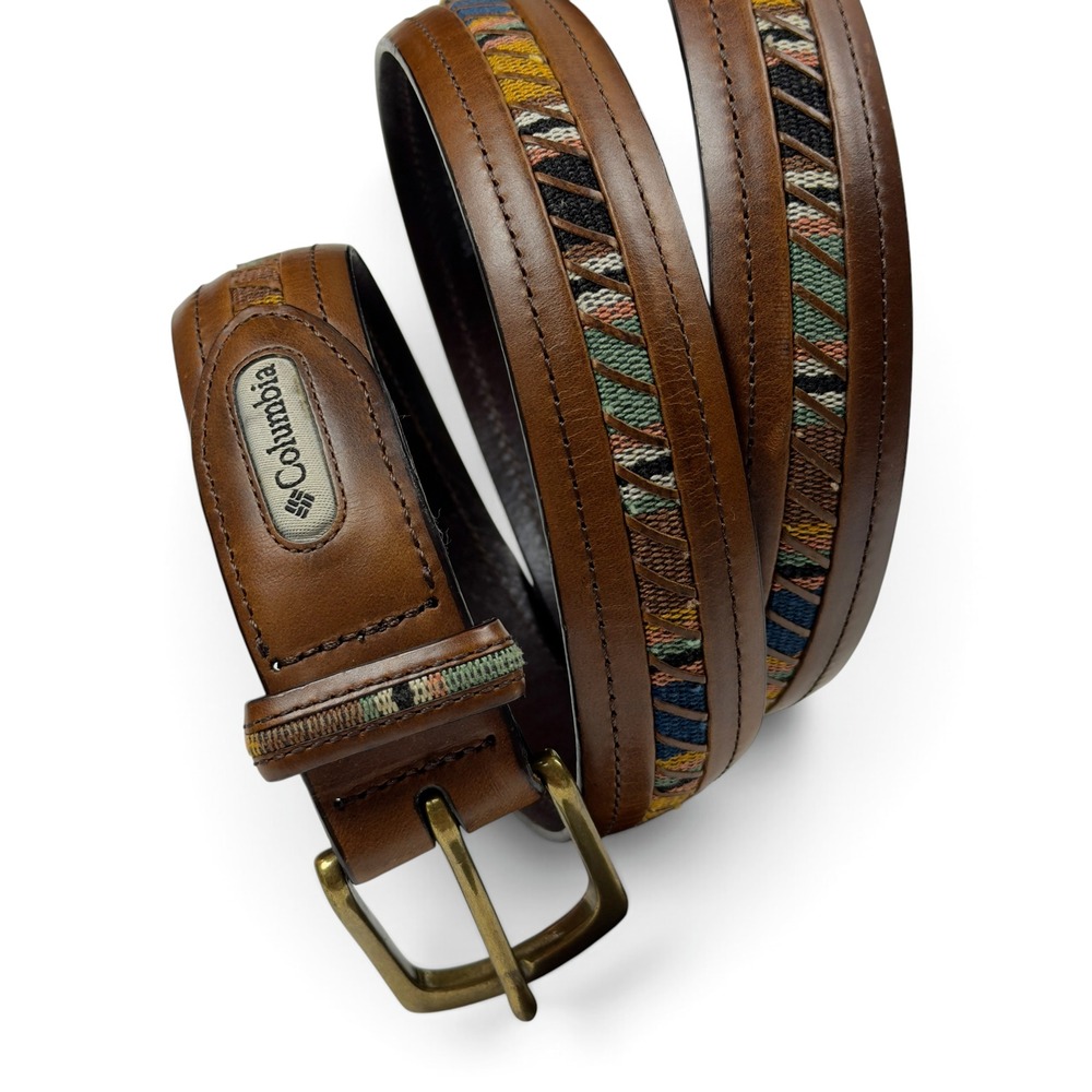 Columbia Brown Leather Belt Aztec Woven Tapestry Brass Buckle 44 L Gorpcore